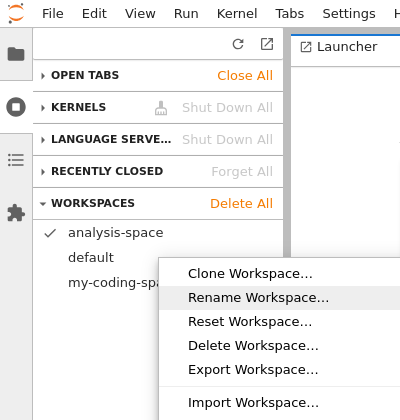 The context menu opened over workspaces sidebar